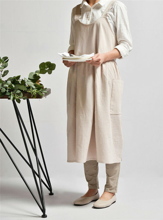 【Amnber Berry Mall】1pc Women Bib Apron Linen Sleeveless Pinafore Dress Home Cooking Florist ing Apron High