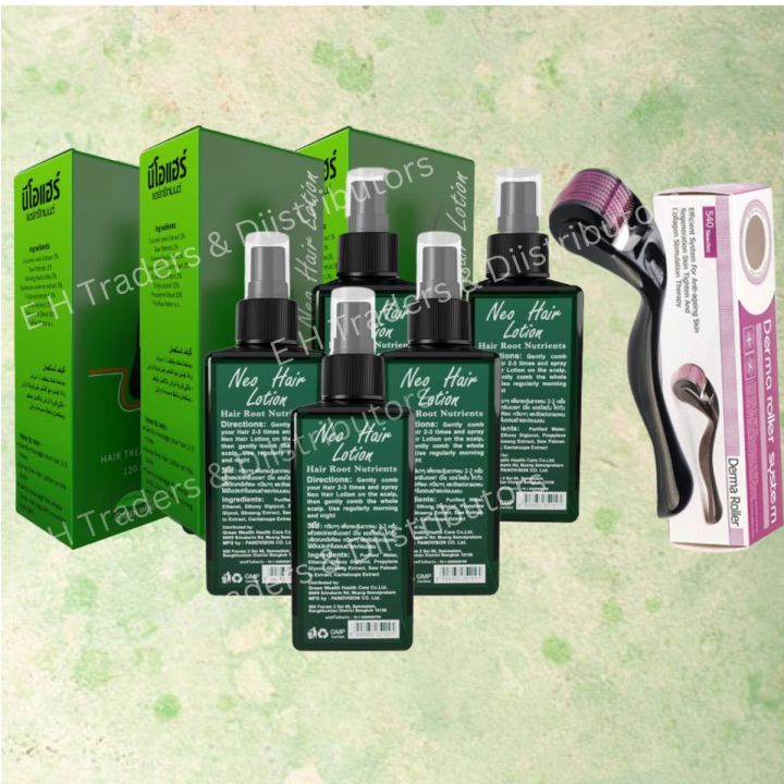 Pack of 5 Neo Hair Lotion - Hair -Green Wealth- Spray - For Hair Regrowth - Made in Thailand Free Derma Roller