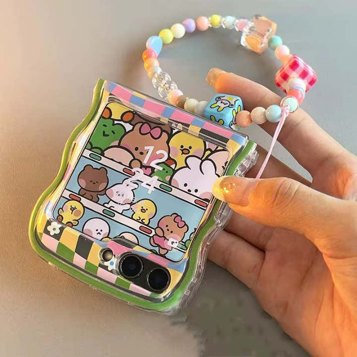 Korean Cute Lattice Flower Phone Case For Samsung Galaxy Z Flip 6 Flip 5 4 3 Girl Cartoon Bracelet Wave Border Protective Cover