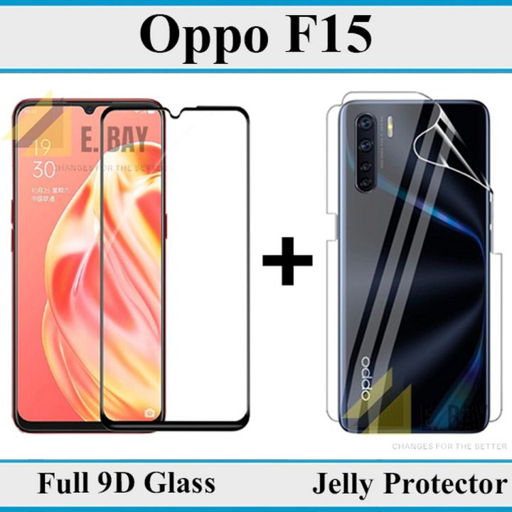 Oppo F15 Full Black 9D|5D|6D|10D|11D|21D Tempered Glass Edge to Edge Full Glue Screen Protector + Back Jelly Protector Clear Soft Film Protector Hydrogel Film Protector For Oppo F15
