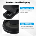 52mm Phone Lens Filter with Clip for Smartphone Universal ND2-400 Variable Filter for Mobile Phone Camera Lens. 