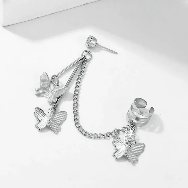 Pair%20Of%20Ear%20Cuff%20Butterfly%20Long%208%20cm%20Chain%20Pin%20Tassel%20Silver%20Color%20Earrings%20For%20Girls%20&%20Women%20-%20Image%204