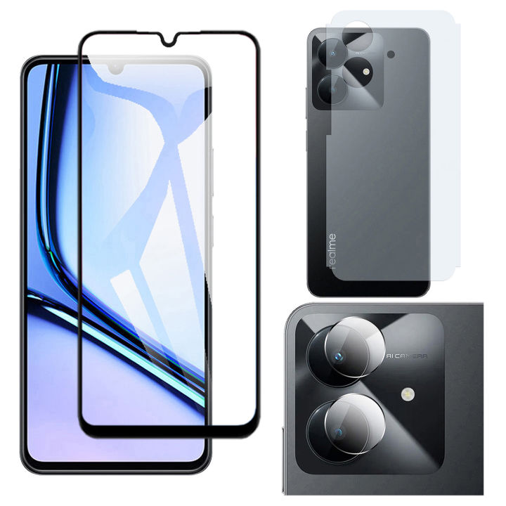 Realme Note 60x Full Glue 9D Tempered Glass Screen Protector Complete Edge to Edge Coverage + Soft Skin Matte Back Protector Scratch Resistant Film + 9H Gorilla Flexible Glass Camera Protector Crystal Clear For Note 60x
