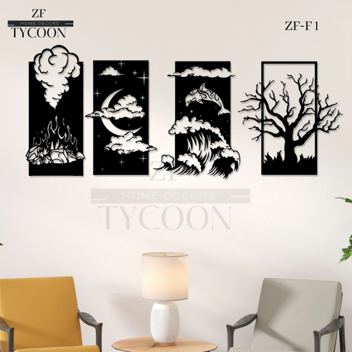 ZF Four Elements Wooden Wall Art, Rectangle Four Element Nature Living Room Art