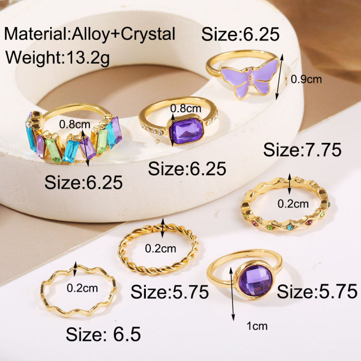 Fashion Luxury Purple Ring Girl Ring Jewelry Set 7pcs New Fashion Women Ring Personality