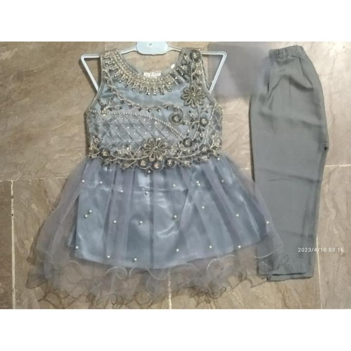 Baby girl beautiful and elegant eid dress for 1 to 3 year frock in metallic grey color Daraz.pk