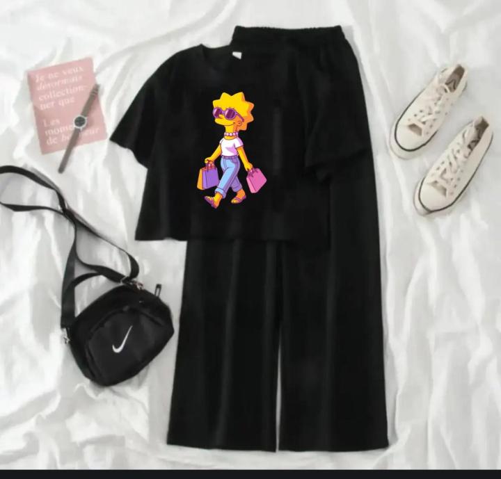 Black Lisa Simpson Printed Cotton Half Sleeves O Neck T Shirt & Flapper Trouser Tracksuit For Women