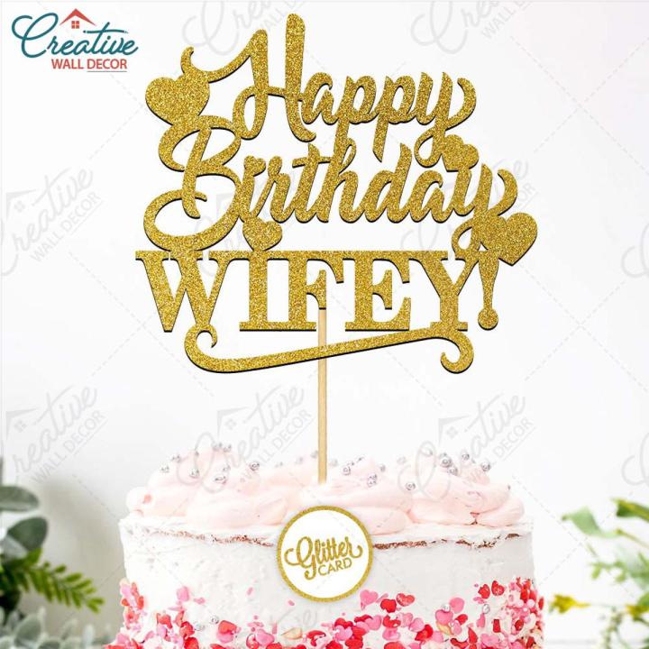 Happy Birthday Wifey Cake Topper for Cake Decoration, Birthday Party Celebration Toppers in Gold