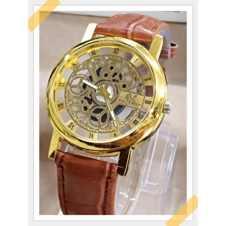 Skeleton Double Sided Glass Transparent Watch for Men / Women / Girls / Boys - Mens Leather
