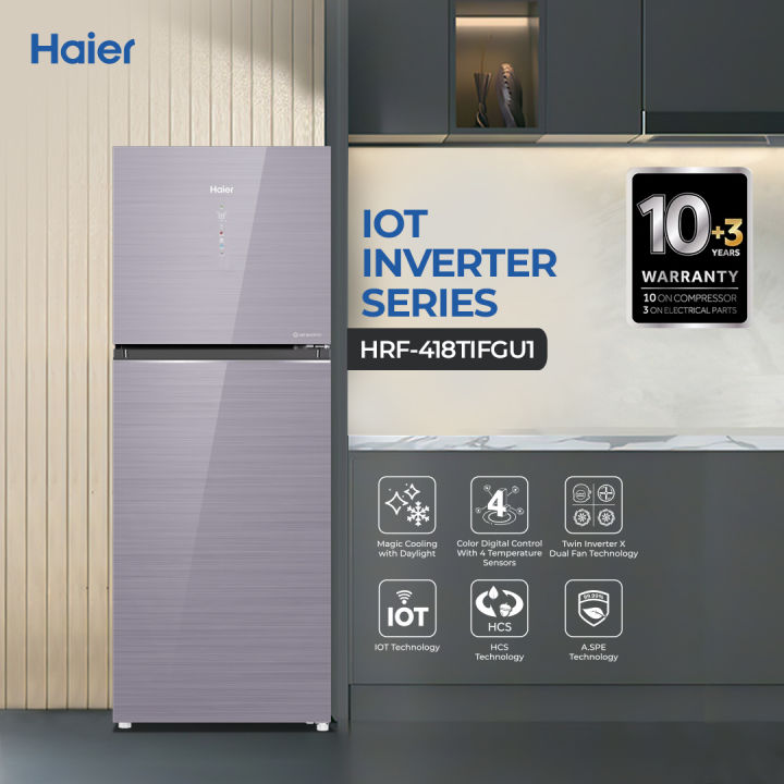 Haier 14.7 Cu Ft / Inverter Antibacterial / HRF-418TIFGU1 ( IOT Technology + Magic Cooling + ASPE Sterilization Technology + Glass Door) Grey Colour Refrigerator / 10 Years Warranty