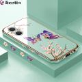 Jizetin (Free Lanyard) for OPPO Reno7 Z 5G  /  F21 Pro 5G Back Cover Peach Blossom and Butterfly Luxury 6D Plating Case Side Pattern Soft Silicone Square Mobile Phone Cases. 