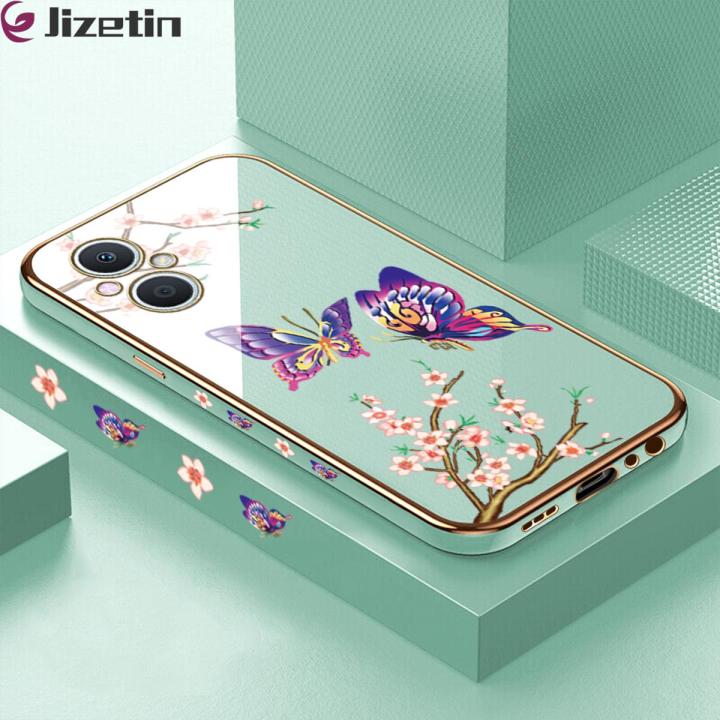 Jizetin (Free Lanyard) for OPPO Reno7 Z 5G  /  F21 Pro 5G Back Cover Peach Blossom and Butterfly Luxury 6D Plating Case Side Pattern Soft Silicone Square Mobile Phone Cases