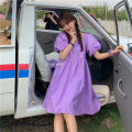 Korean version of loose square neck dress 2022 new foreign style puff sleeve dress women's two-piece set with hat. 