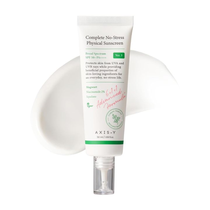 AXIS-Y Complete No-Stress Physical Sunscreen V3 - SPF 50 Mineral Sunscreen with 2% Niacinamide, Zinc, Sunblock for Broad Spectrum Sun Care - Korean Skincare 50ml