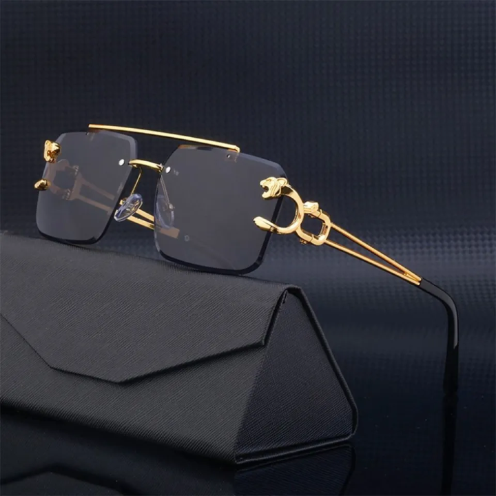 Rimless Rectangle Sunglasses Women Men Glasses Metal Gold Polygon Blue ...