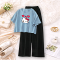MK Garments Casual Suits for Girls Summer Cotton Blend Casual Style Kitty Printed Crop T-Shirt with Palazzo Available in Multiple Colors. 
