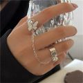 Korean Stylish New Butterfly Two Finger Open Adjustable Ring With Chain Crystal And Fashion Rings For Girls & Women 2pcs/Set. 