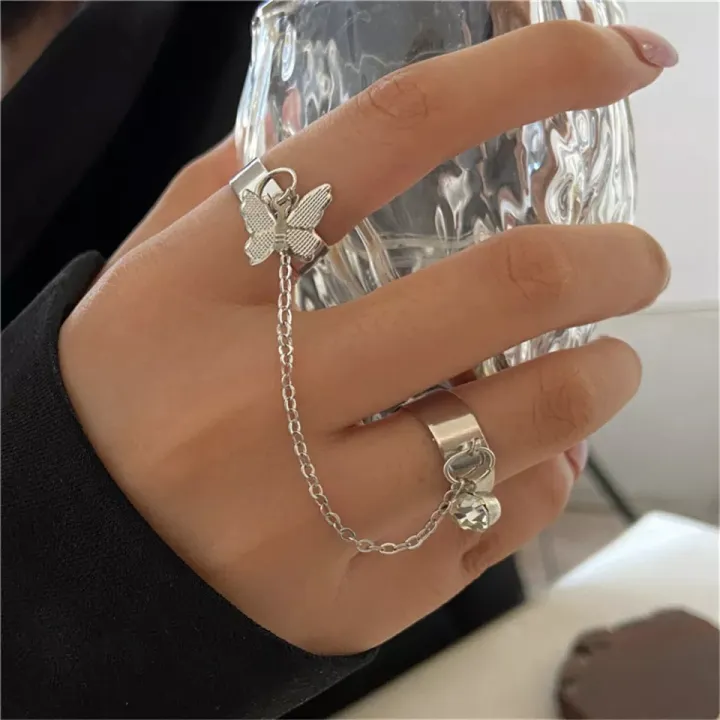 Korean%20Stylish%20New%20Butterfly%20Two%20Finger%20Open%20Adjustable%20Ring%20With%20Chain%20Crystal%20And%20Fashion%20Rings%20For%20Girls%20&%20Women%202pcs/Set%20-%20Image%202