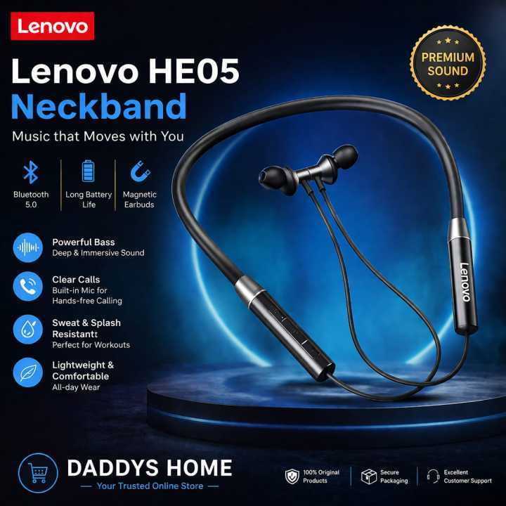 Lenovo HE05 Wireless Neckband Bluetooth 5.0 Headphone Wireless Headset With Heavy Bass Stereo Earphones High Quality Magnetic Attraction Intelligent Noise Reduction Cancelling Sports Headset