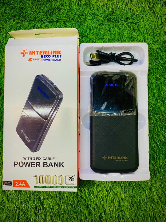 INTERLINK RECO PLUS Power Bank 10000mAh – With 3 Built-in Cables  Type-C Cable, Micro USB Cable & Lightning Cable  | Digital Display | Fast Charging 2.4A | Flight Friendly