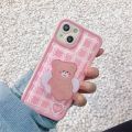 Korean Cute Cartoon Bear Pink Lattice Phone Case For iPhone 13 12 11 Pro XS Max X XR 7 8 Plus Holder Prorective Soft Back Cover. 