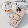 For Tecno Spark Go 2024 / Spark Go 2022 / Spark Go 2020 Back Cover with Cute Cat Makeup Mirror Bracket Luxury 6D Plating Frame Shiny Case Soft Silicone Square Stand Phone Cases for Girls. 