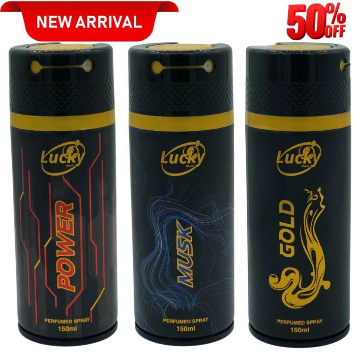 Perfumed English Body Spray Pack of 3 Gift Set Power |Musk| Gold Big Bottle 150ml Each Long Lasting Lucky Brand For Men and Women |Best Seller Gift Pack High Executive upper level Quality |Perfumed Body Spray For Wedding Gift Pay Less buy More Fresh Scent