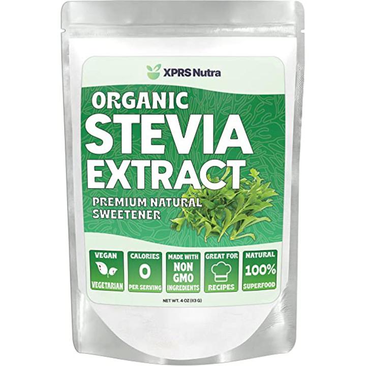 XPRS Nutra Organic Stevia Extract Powder - 113g of Premium USDA Organic Stevia Powder Zero Calorie Sugar Substitute - 4 oz 90% Steviol Glycoside HPLC - Slightly Bitter Strong Vegan Friendly Sweetener