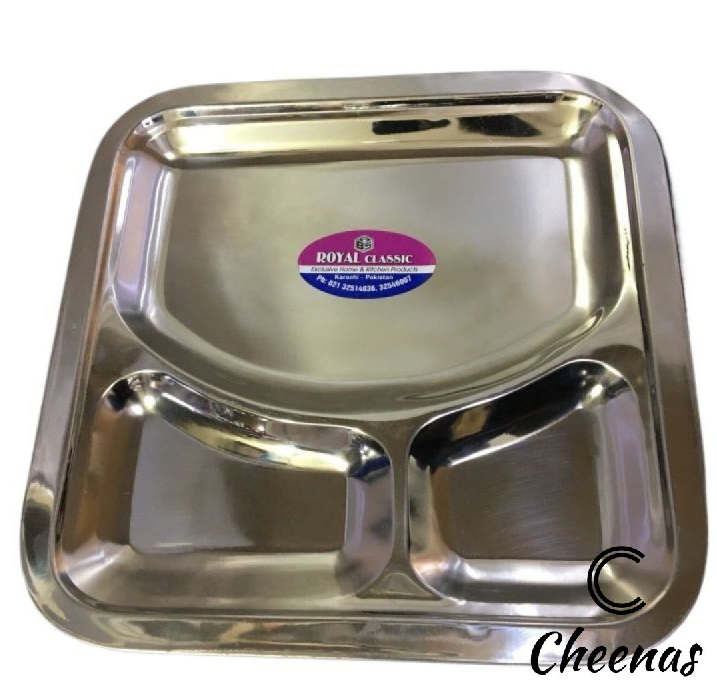 Portion Plate - 3 Portion Restaurant Style Serving Plate - Three Portion Fast Food Serving Plate - Stainless Steel Coated / Polished