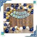 Happy Birthday Decorations Theme Blue Gold & White-Including Happy Birthday Blue Banner, 3 Confetti Balloons, 30 Latex Balloons Blue, Gold White, with Fairy Light. 