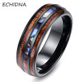 Fashion Unisex Wooden Abalone Shell Titanium Steel Ring Wedding Party Jewelry. 