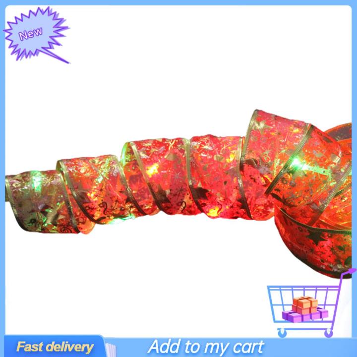 Christmas Ribbon with LED Lights Waterproof Fabric Gift Wrapping Ribbons for Outdoor