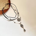 Vintage Multi-Layer Leather Choker Necklace Layered Strap Women's Collar Chain Bohemian Vacation Crystal Tear-drop Pendant Jewelry. 