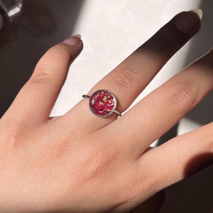 Adjustable Red rose Flower Ring with Gold Flakes, Flower Resin Ring, Real Petal Rose Ring, Pressed Flower Jewelry, Flower Engagement Ring