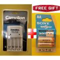 Original Camelion AA/AAA 1.2v 4 Battery Cell Charger Travel Adapter + Rechargeable Sony AA Cell Pair.. 