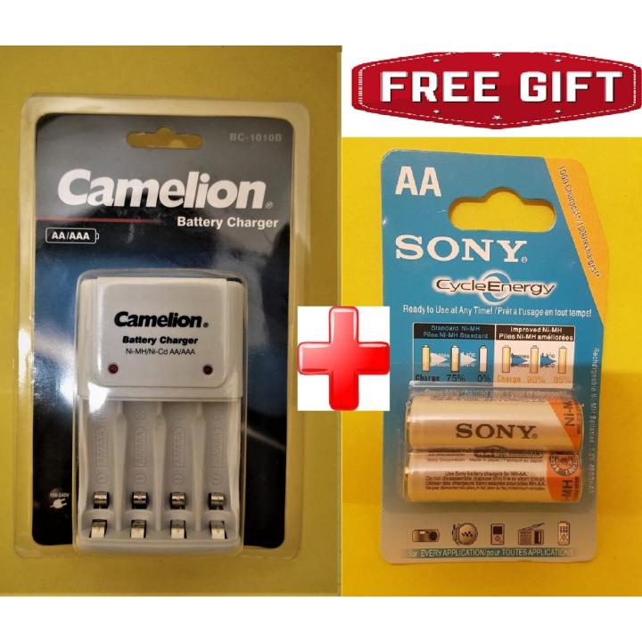 Original Camelion AA/AAA 1.2v 4 Battery Cell Charger Travel Adapter + Rechargeable Sony AA Cell Pair.