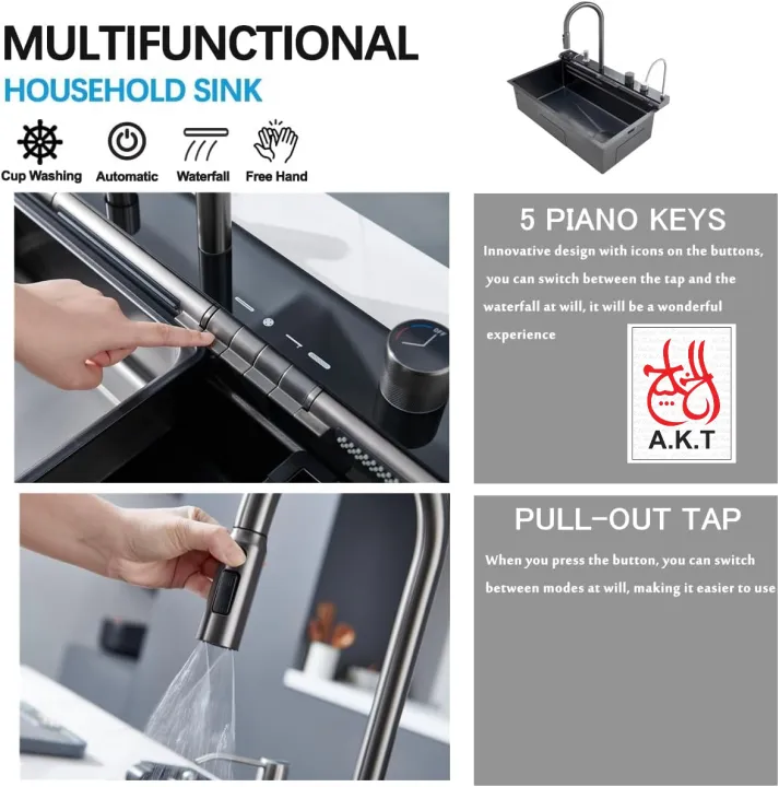 Kitchen%20Sink%20Digital%20Display%20Embossed%20Large%20Single%20Groove%20honeycomb%20dragon%20Black%20Nano%20Raindance%20Waterfall%20Sink%20with%20Pressurized%20Cup%20Washer%20and%20Two%20Waterfalls%20-%20Image%203