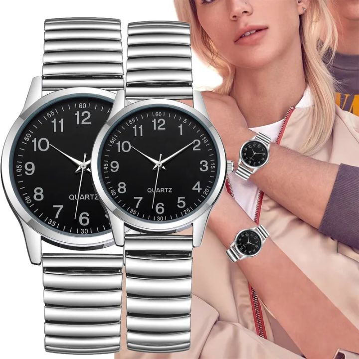 Arabic Numerals Lovers Watches Stainless Steel Elastic Band Men Women Wrist Watch Couple Clock