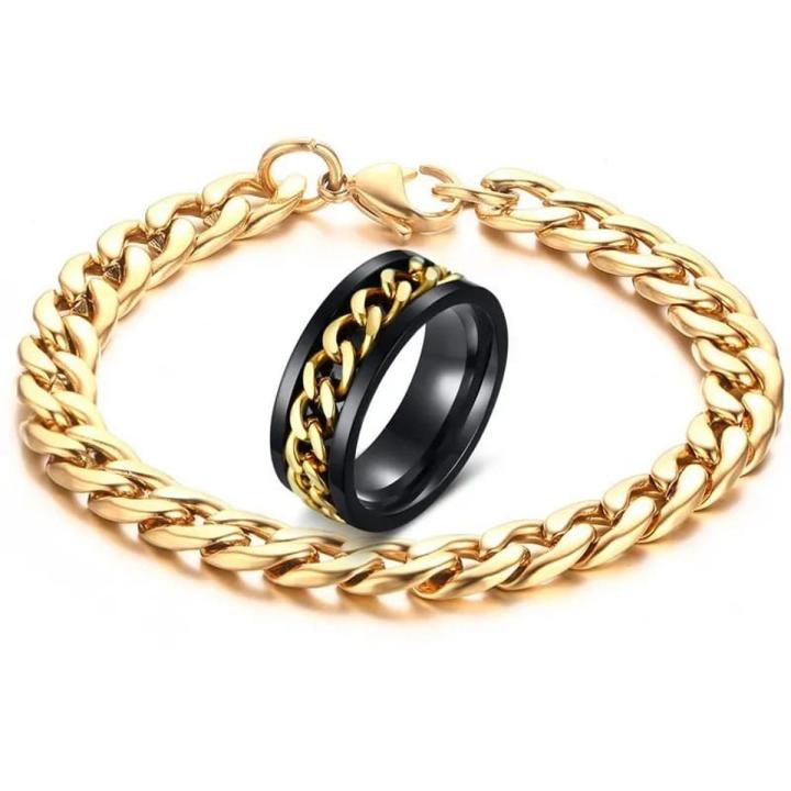 Set Of Spinner Ring and Chain Haend Bracelet Gold/Silver Color For Boys and Men