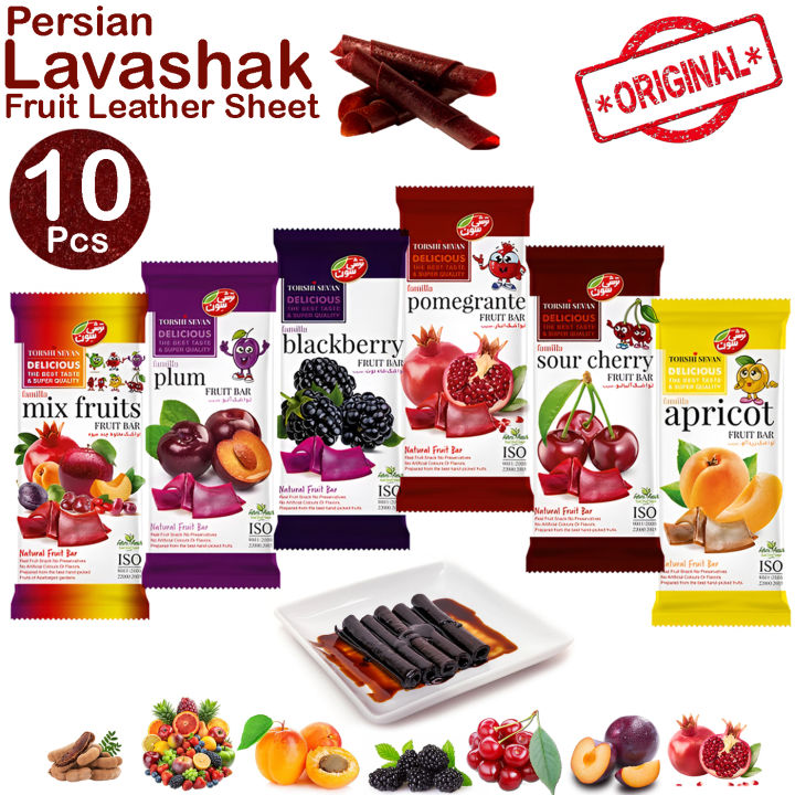 10 Pcs Set Torshi Sevan Original Persian Lavashak Fruit Leather Sheets Authentic Iranian Sweet Sour Irani Tamil Imli Bar Roll Sauce Churan Chat Masala Khati Methi Sheet Souce Choran Candy Snack Chooran Chaat Powder Viral Ready to Eat Box Lava Shak Recipe