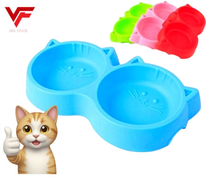 Cat Shaped Double food bowl Pet Plastic food bowl Foodie Puppies Non-Slip, Non-Toxic Pet Feeding Plastic Cat Face Shaped Double Bowl Food & Water Feeder 2-in-1 Bowl for Dogs, Puppies, Cats & Kittens - Multi Colour