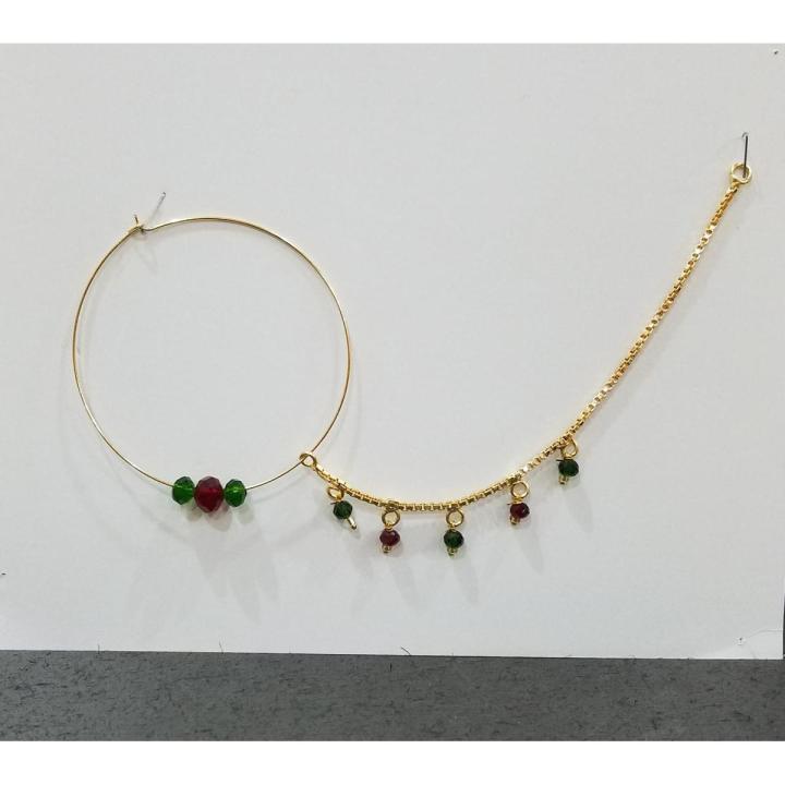 ASIAN    Nonpierced Nath Chain Pierced Nose Ring Bridal Nath Nose Pins - Golden Nathiya - Naak Patti - Non-Pierced Bahubali Nosering