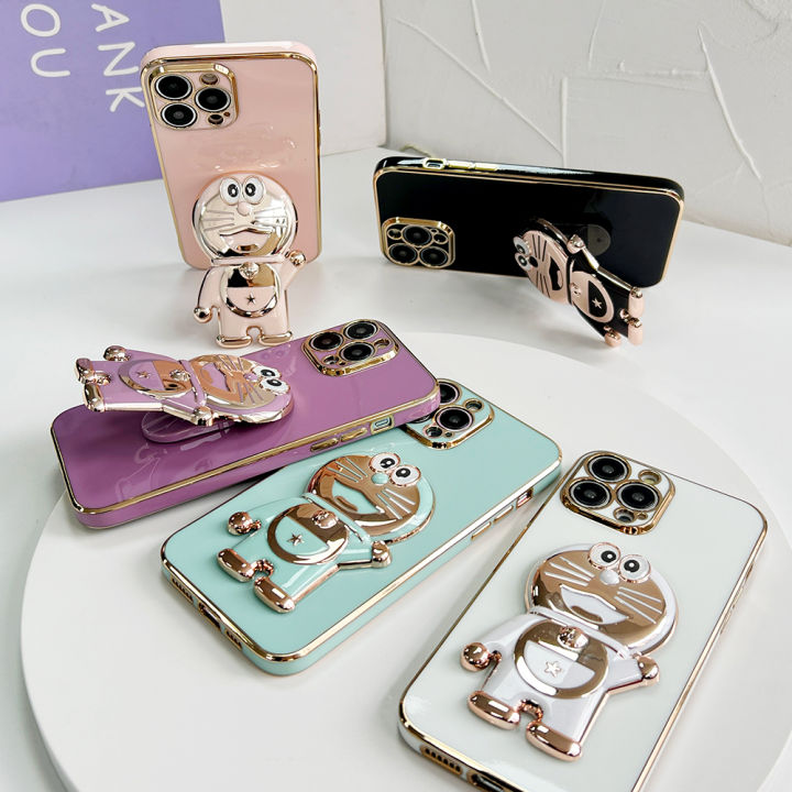 TA for Infinix Note 30 5G 4G Back Cover Cute Doraemon Folding Bracket Luxury Plating Case Soft Silicone Square Phone Cases for Girls