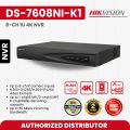 HIKVISION DS-7608NI-K1 8-ch 1U 4K NVR Network Products Network Video Recorders Pro Series (All)-Up to 80 Mbps incoming bandwidth NVR-H.265+/H.265/H.264+/H.264 video formats Supported NVR-Up to 8-ch IP camera inputs NVR. 
