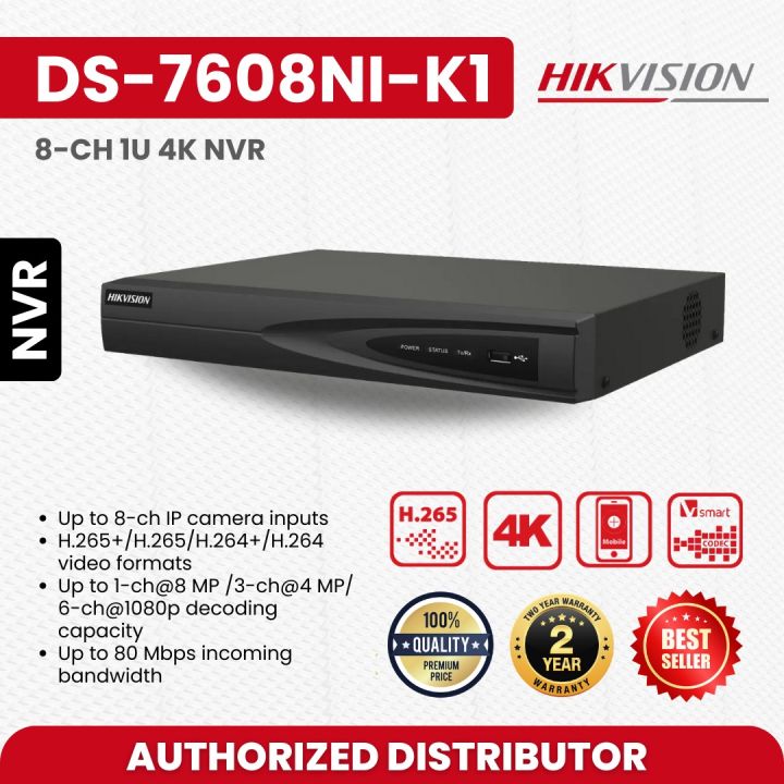 HIKVISION DS-7608NI-K1 8-ch 1U 4K NVR Network Products Network Video Recorders Pro Series (All)-Up to 80 Mbps incoming bandwidth NVR-H.265+/H.265/H.264+/H.264 video formats Supported NVR-Up to 8-ch IP camera inputs NVR