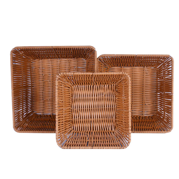 Plastic Woven Square Shape Basket Brown 3Pcs Set
