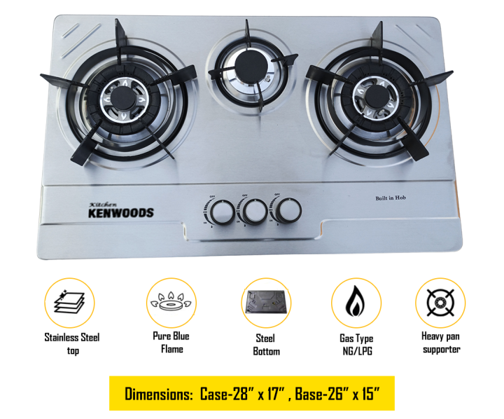 Kitchen kenwood 3 burner Stainless Steel Top Gas Hob with Automatic Ignition System(Both LPG And NG Models Available)