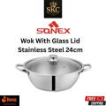 Sonex Original Stainless Steel Mega Wok/Karhai With Glass Lid – Heavy Gauge Double Bottom, Multiple Sizes Available (Premium Cookware). 