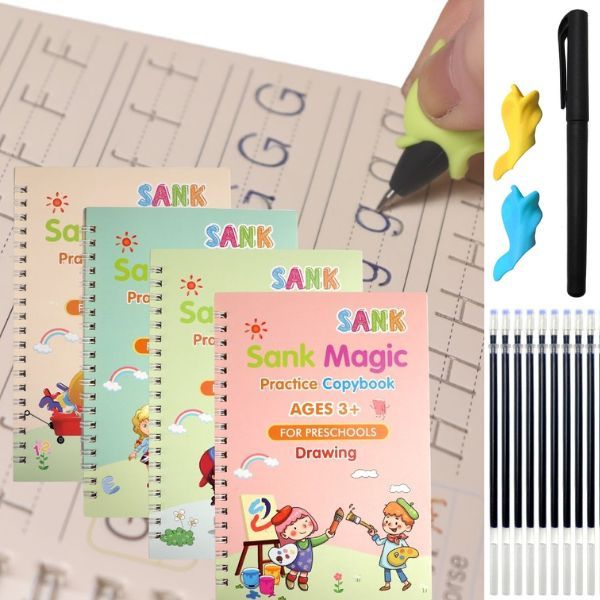 Reusable Sank Magic Practice Copybook Montessori Reusable Magic Books for Kids Handwriting Free Wiping Calligraphy Montessori Practice Copy Books (4 Magic Books + 1Magic Pen + 10 Refills + 1Grip)