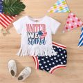 2 Pcs Independence Day Pants Set, Baby Girls Letter & Heart Print Short Sleeve Tassel T-shirt + Star & Stripe Print Shorts. 